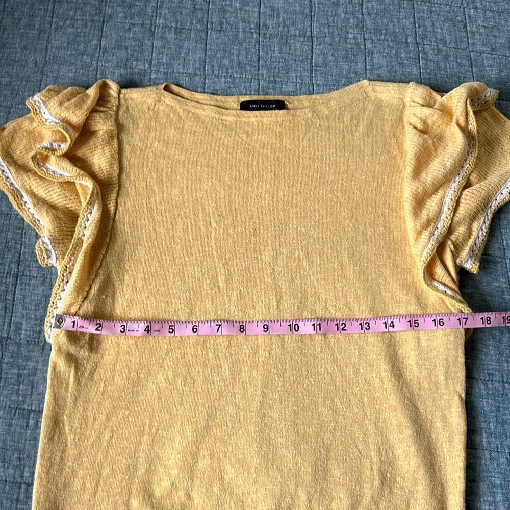 ANN TAYLOR Cotton Linen Knit Ruffle Sleeve Boatneck Sweater Top in Yellow | M - Picture 7 of 8